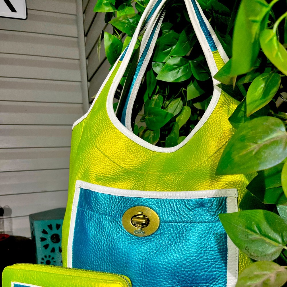 IRIDESCENT NEON Green, Teal & White Leather Large Coach Purse & Wallet